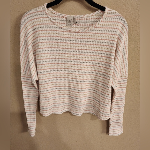 Paper Crane Tops - Paper Crane White Cropped Knit Top w Rose, Gold, Gray Stripes- SZ S